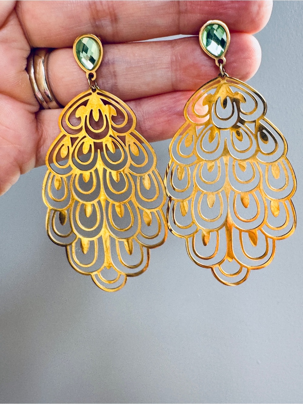 Gold Plated Peacock Filigree Earrings with light Green Stone